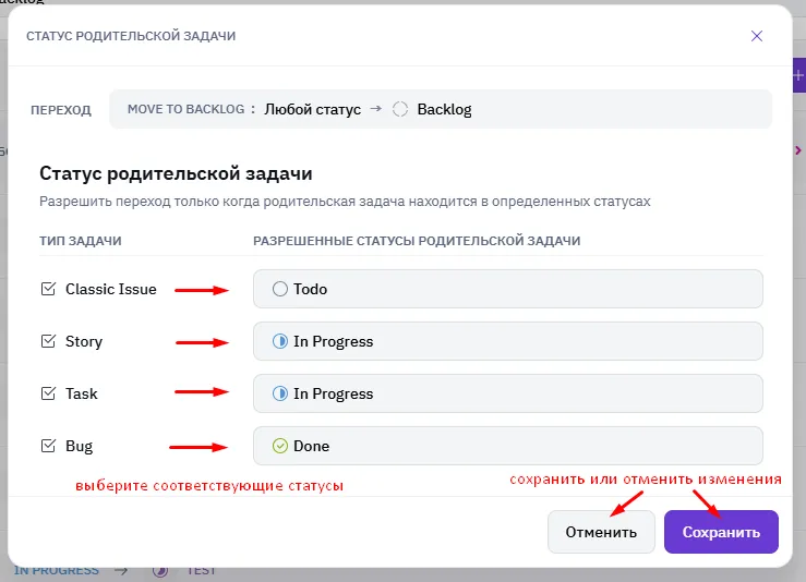 Настройка статусов родительских задач